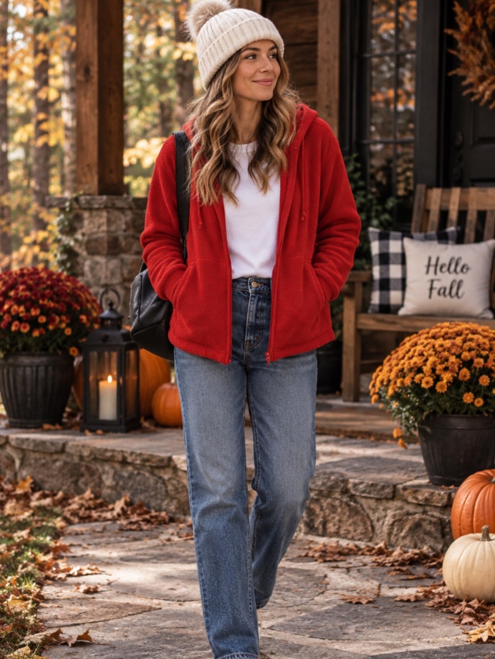 Sonoma Jean Co Women's L Red Fleece Full Zip Hoodie Jacket Drawstring Pockets